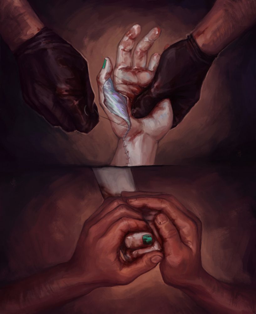 digital painting focused on my character's hands. top half of the picture shows two hands in black latex gloves, sewing skin on one injured and bleeding hand turned palm up. where the skin is torn, pearlescent synthetic android flesh is peeking out. bottom image shows the same pair of hands now without gloves, cradling the bloodied hand in a warm gesture. the bloodied hand is clenched.