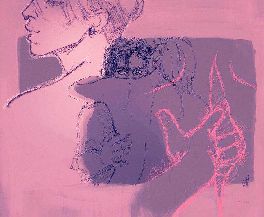 a sketch of my original characters in a pink and purple gradient. the center of attention is Bastien whose eyes are drifting away from his physically present lover Matteo and towards Wolfgang, who haunts his thoughts and desires.