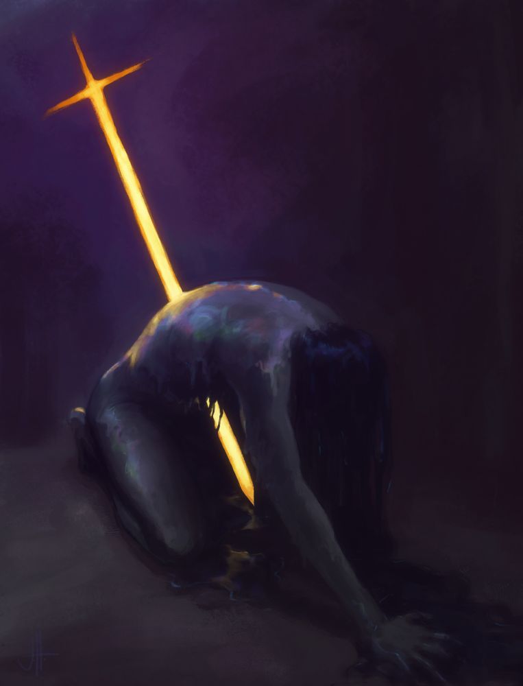 digital painting in dark purple hues. an anonymous figure is doubled over on the floor, their insides and outsides melting into a dark oilspill. they are speared from the back all the way through with a white hot sword.