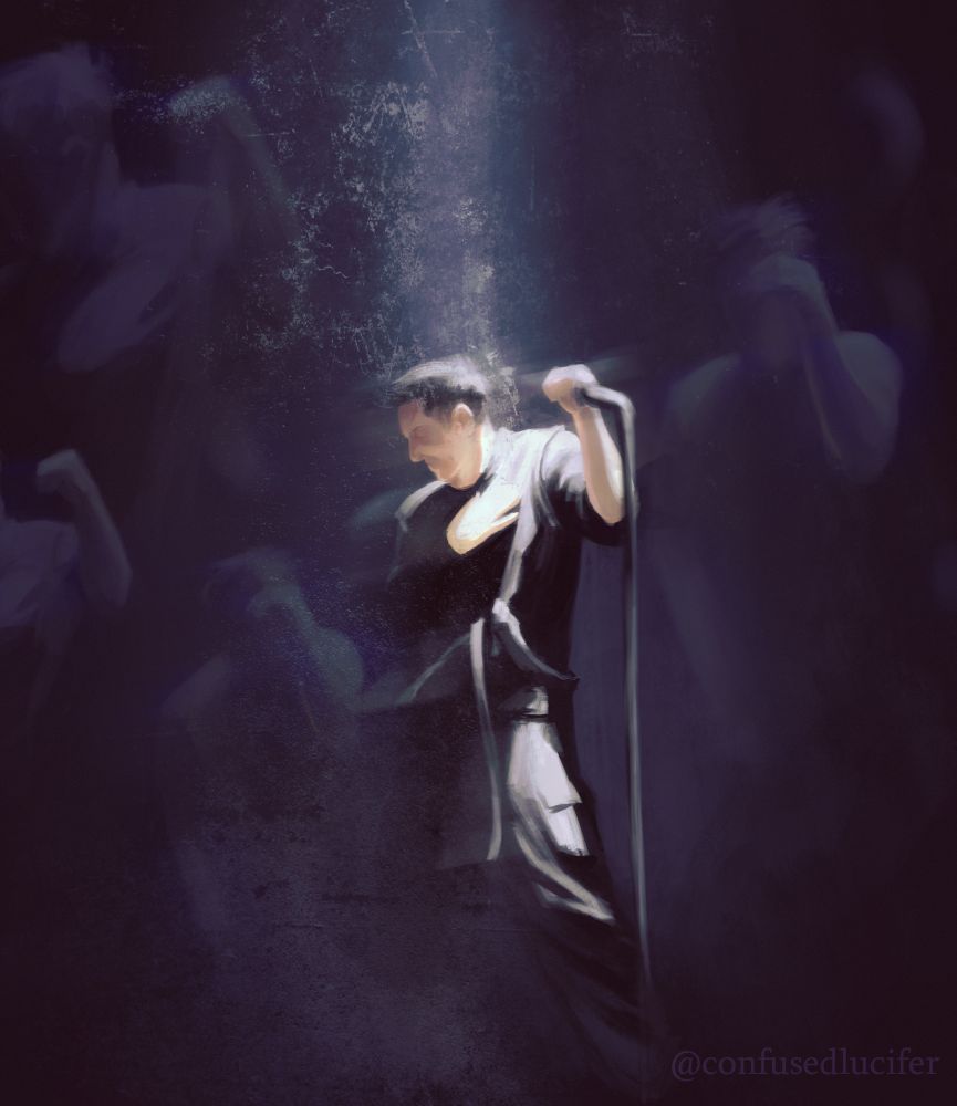 digital painting of Trent Reznor of Nine Inch Nails performing "Copy of A". he is leaning away from the mic and vibing to the instrumental part, spotlight illuminating him from above. in the background there are scattered ghostly copies of him leaning into and away from the mic.