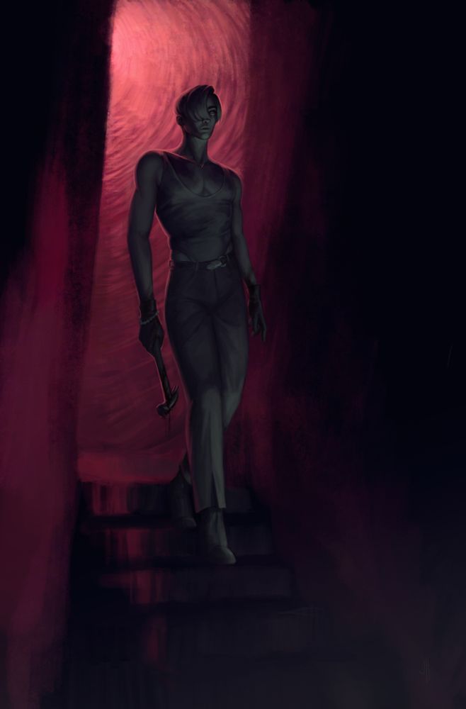 digital painting of my original android character, Wolfgang (they/them). they are walking down darkened stairs, ominously lit with red light from behind while fading greenish light is illuminating their dark silhouette from below the stairs. their expression is cold steel, their demeanor calm. they're holding a hammer with bits of blood and viscera flowing off it. their gloved hands are drenched in blood that is not their own. 