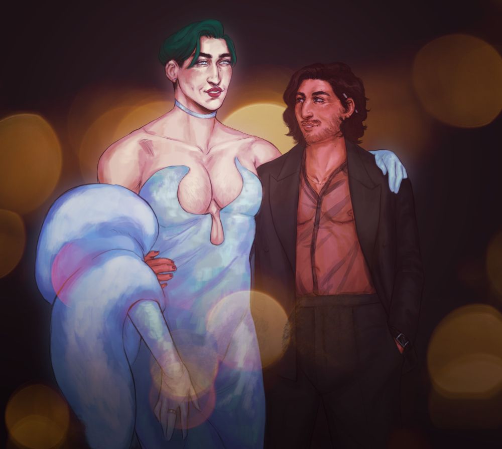 a digital illustration of my two characters Wolfgang and Bastien. it's rendered in bright contrasts, with soft blurred edges, attempting to evoke polaroid photographs. they stand side by side, posing for a photo. they're both dressed in evening wear, Wolfgang in vintage Mugler light blue glittery dress. alongside the dress they're wearing long light blue gloves and a fur jacket thrown around their back.they're wearing deep wine red lipstick and smokey eyeshadow. Bastien is wearing a tailored black suit, jacket with wider lapels and underneath it a see through mesh black shirt. their arms are affectionately around each other, Wolfgang smiling towards the camera while Bastien in this moment is caught looking at them with affection. Bastien's nail polish matches the shade of Wolfgang's lipstick.