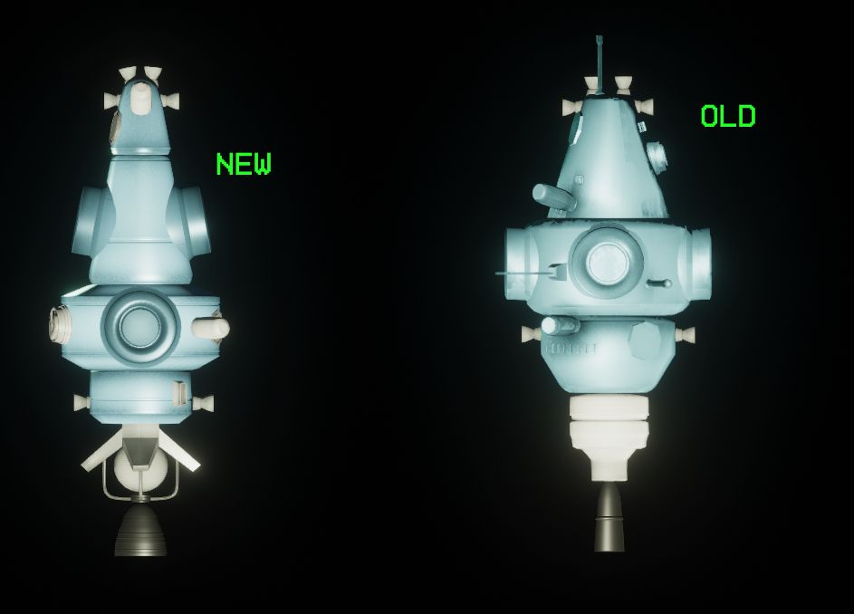 Two light blue spacecraft with conical noses, and a cylindrical midsection. One marked "new" is sleeker with a more spherical and detailed engine at the rear. The other, marked "old", is chunkier, thicker and has a less detailed, more cylindrical engine. (top view)
