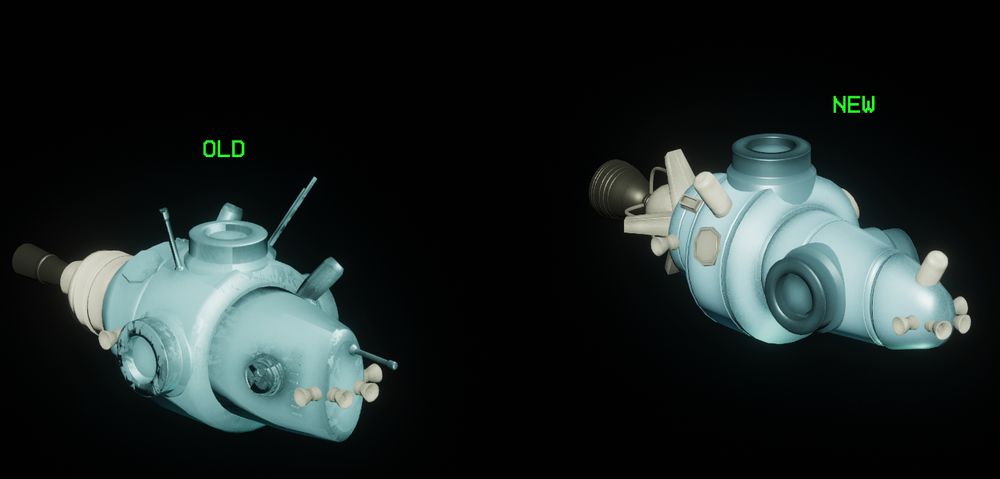 Two light blue spacecraft with conical noses, and a cylindrical midsection. One marked "new" is sleeker with a more spherical and detailed engine at the rear. The other, marked "old", is chunkier, thicker and has a less detailed, more cylindrical engine. (front 3/4 view)