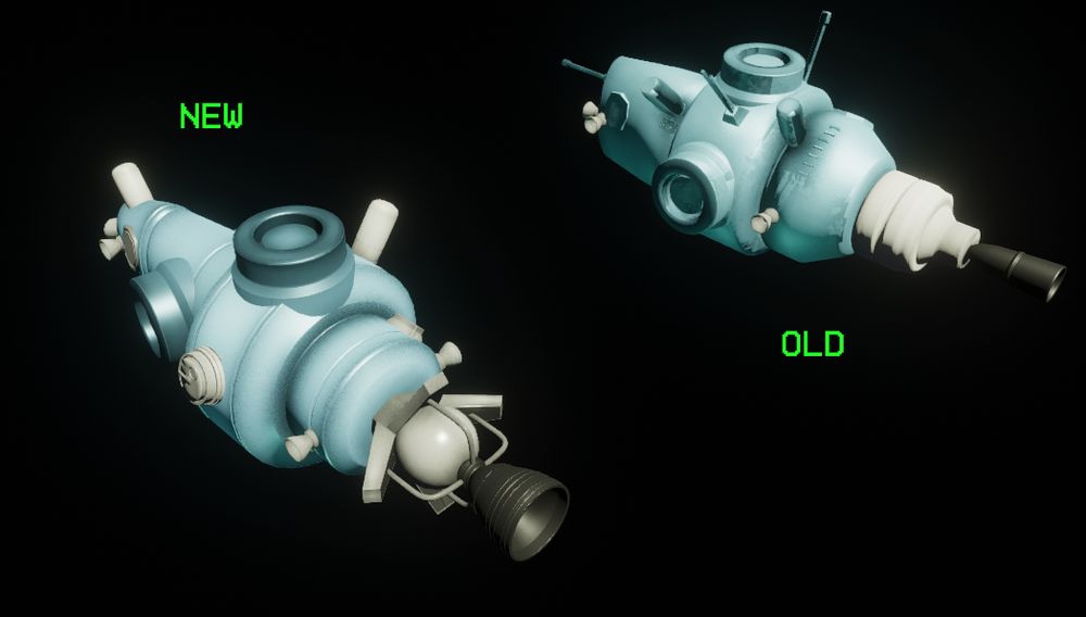 Two light blue spacecraft with conical noses, and a cylindrical midsection. One marked "new" is sleeker with a more spherical and detailed engine at the rear. The other, marked "old", is chunkier, thicker and has a less detailed, more cylindrical engine.