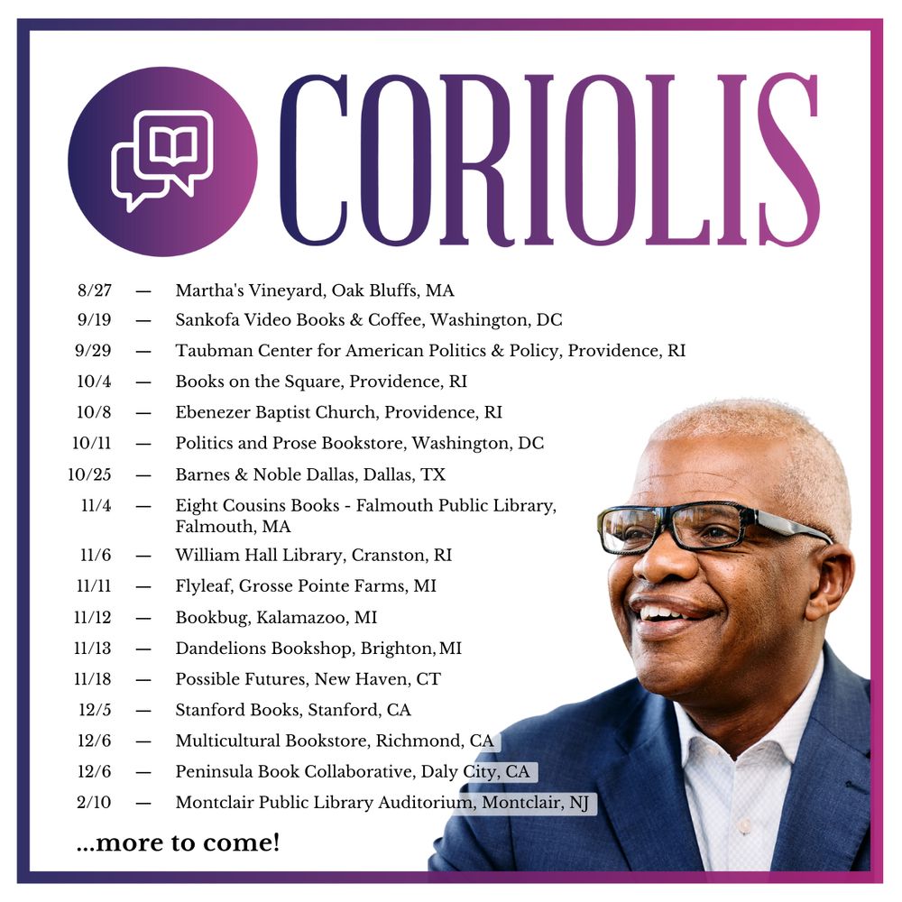 A Coriolis graphic announcing Professor Marion Orr's book tour for "House of Diggs." The graphic features a smiling photo of Professor Orr and a list of book tour dates from August 27th to February 10th at various locations across the US. The Coriolis logo is at the top.