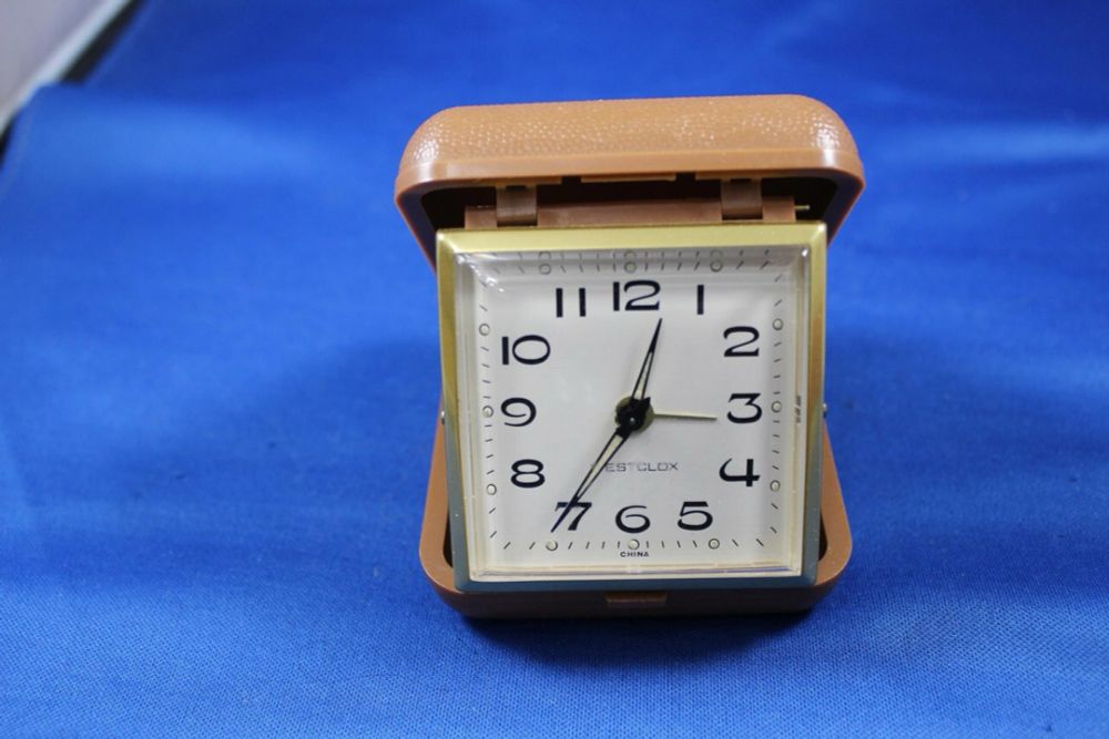 Westclox Travel Clock, Travel Alarm Clock, Luminous Hands, Made in China, Tan Case, Works Great - Et...