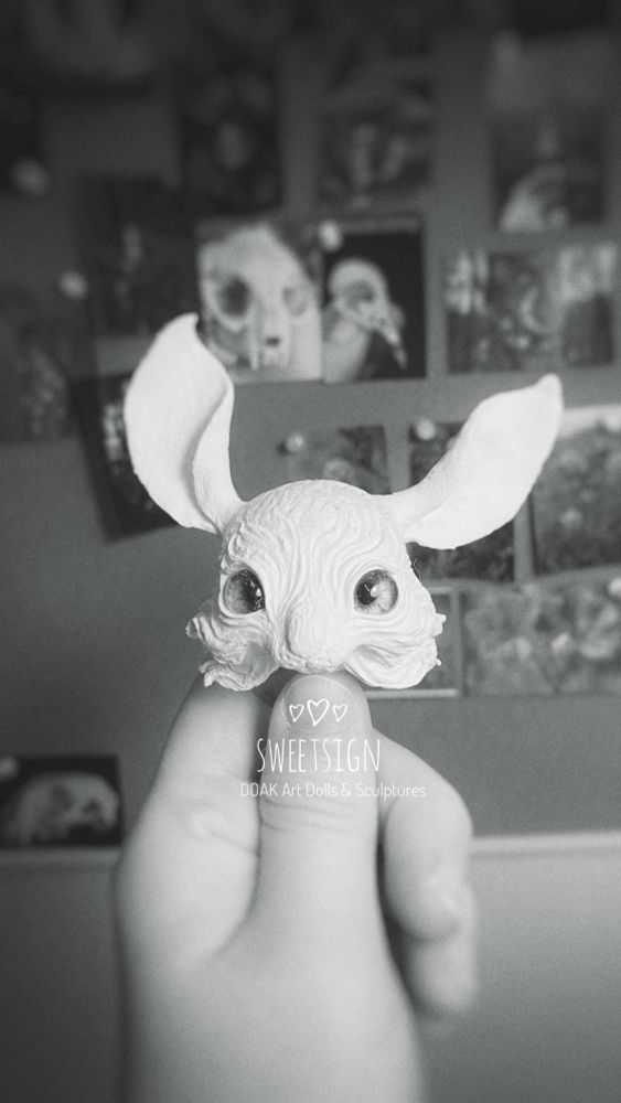 A rabbit head I sculpted of air dry clay for the new original art doll I’m creating