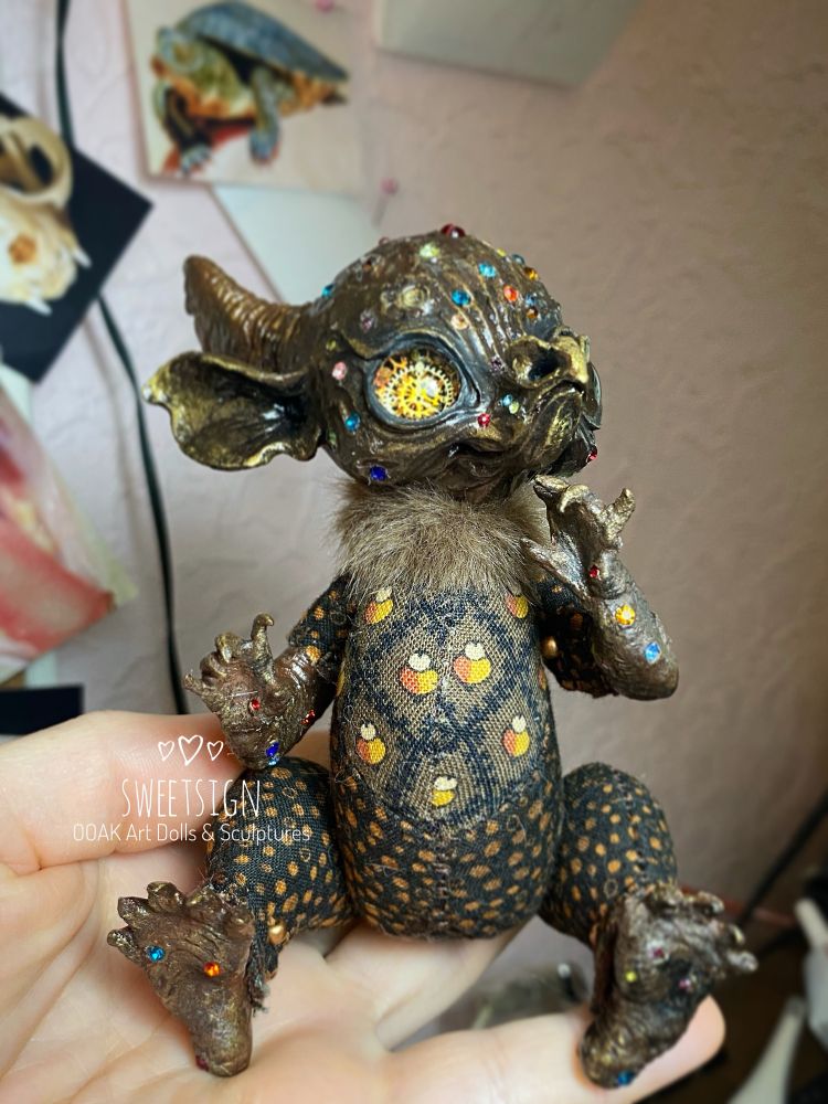 Original fantasy art doll by Svetlana Polupanova, mechanical metal dragon of bronze and brown shades 🐉