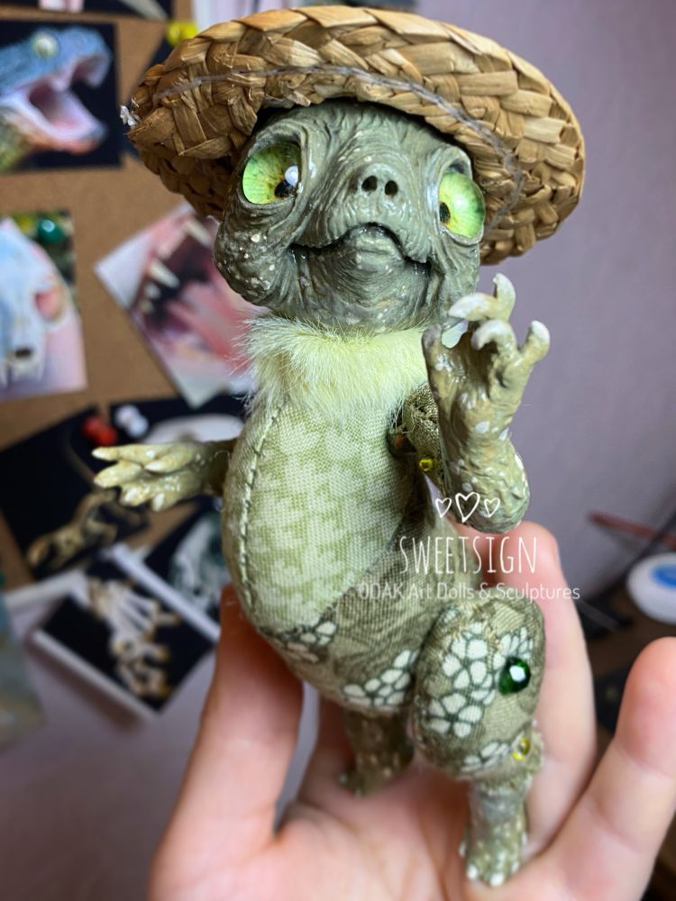A pale green tortoise wearing a straw hat 👒 original handmade fantasy art doll by Svetlana Polupanova ( SweetSign)