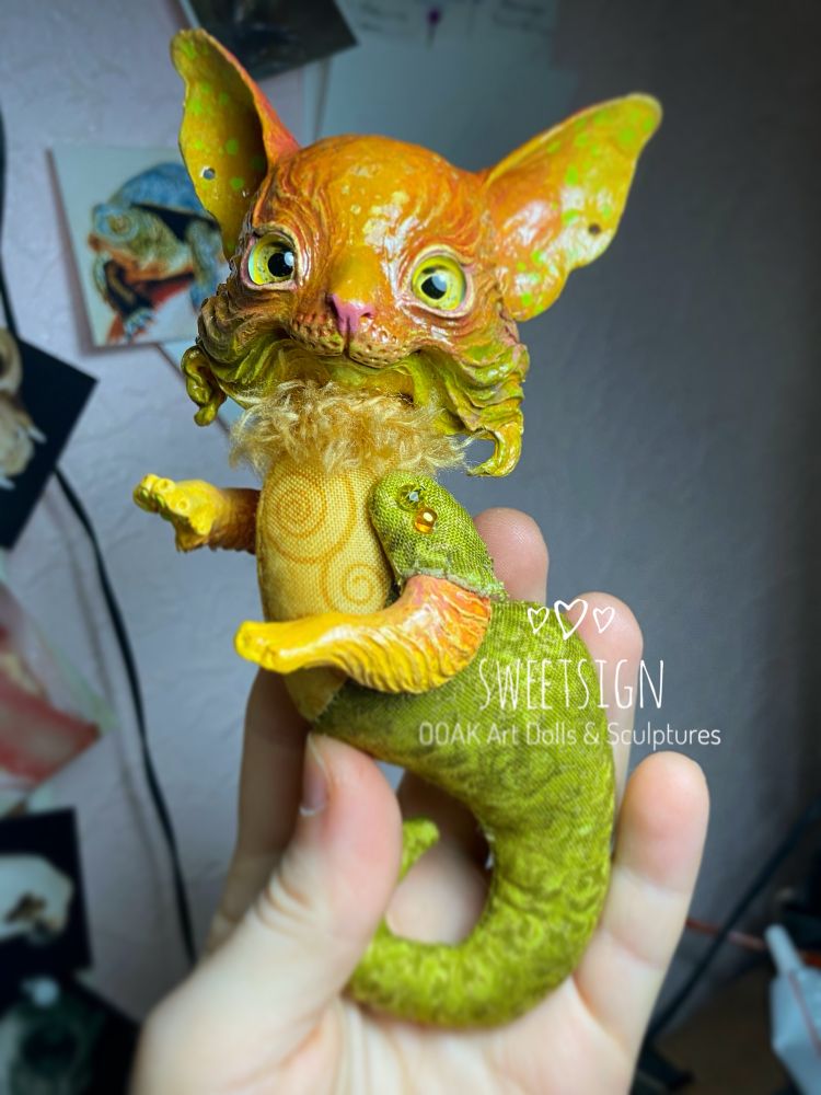 A mercat of pink, yellow and green shades in progress , fantasy original art doll by Svetlana Polupanova ( SweetSign)