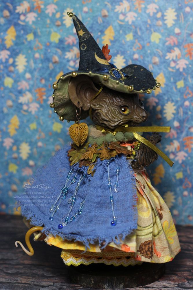 Mouse the witch in a magickal pointy hat, original fantasy art doll by Svetlana Polupanova