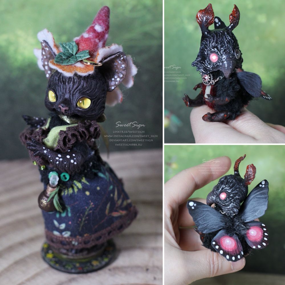 Two fantasy miniature art dolls I’ve made - a chaotic moth and black cat the witch with yellow eyes and mushroom hat