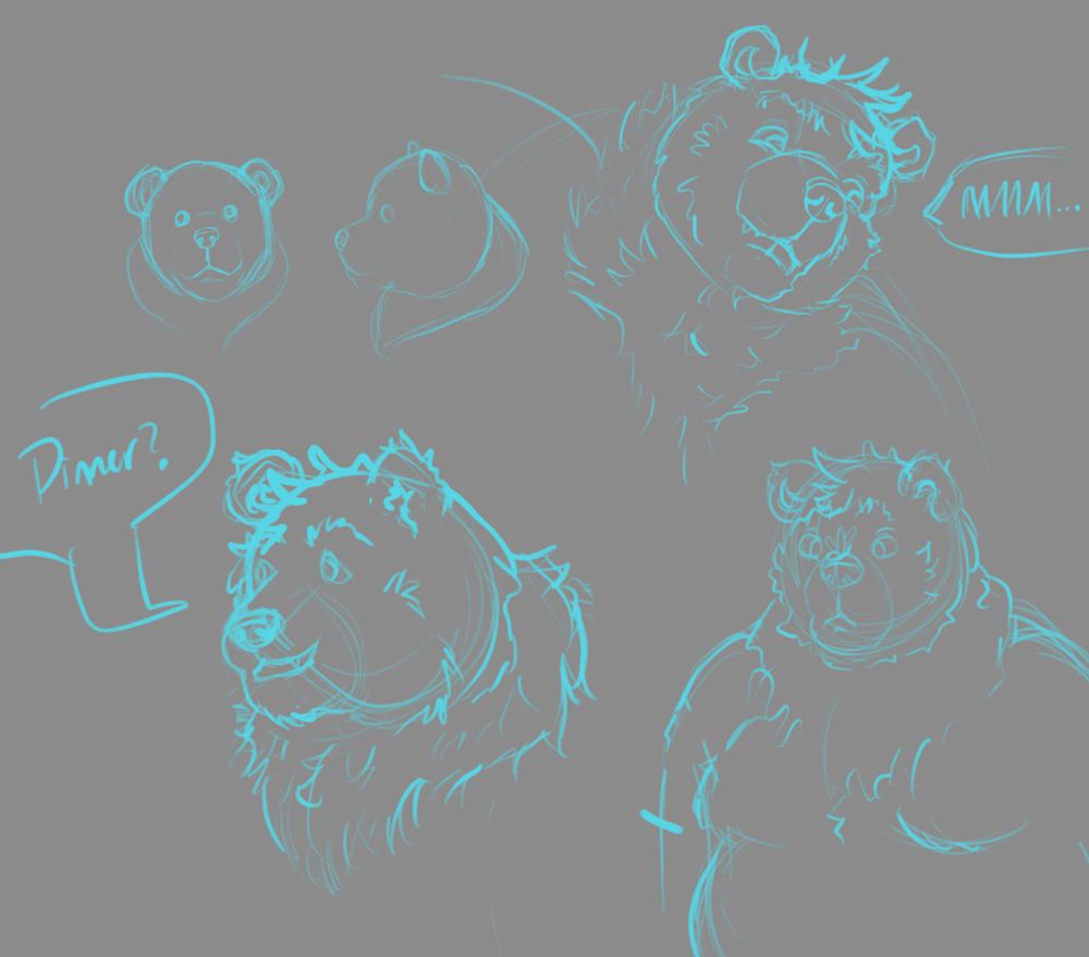 A page filled with sketches of what appears to be a happy fluffy big boy bear. One picture with him looking down is saying "Mmm." The other set of text saying " Dinner?" I dunno about all bears but my husbear loves food! 