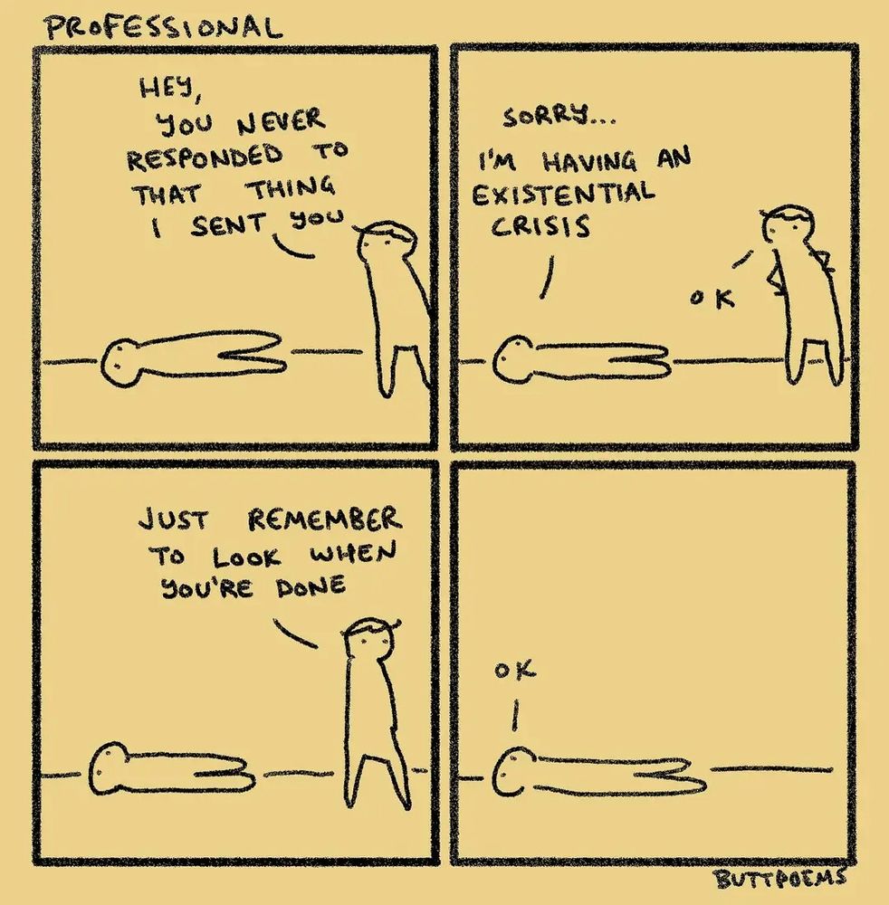 A 4 pane comic drawn by ButtPoems called PROFESSIONAL 
Pane 1
One person is laying on the ground, another walks up "hey you never responded to that thing I sent you" 
Pane 2
Laying down person: "sorry... I'm having an existential crisis" 
Person 2: "ok"
Pane 3
Person 2, walking away "just remember to look when you're done"
Pane 4: 
Person 1, still laying on the ground, now by themselves "ok" 
