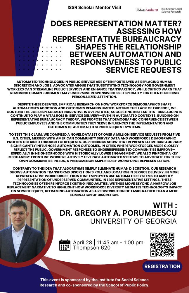 Flyer promoting "Does Representation Matter? Assessing how Representative Bureaucracy Shapes the Relationship Between Automation and Responsiveness to Public Service Requests" with Gregory Porumbescu