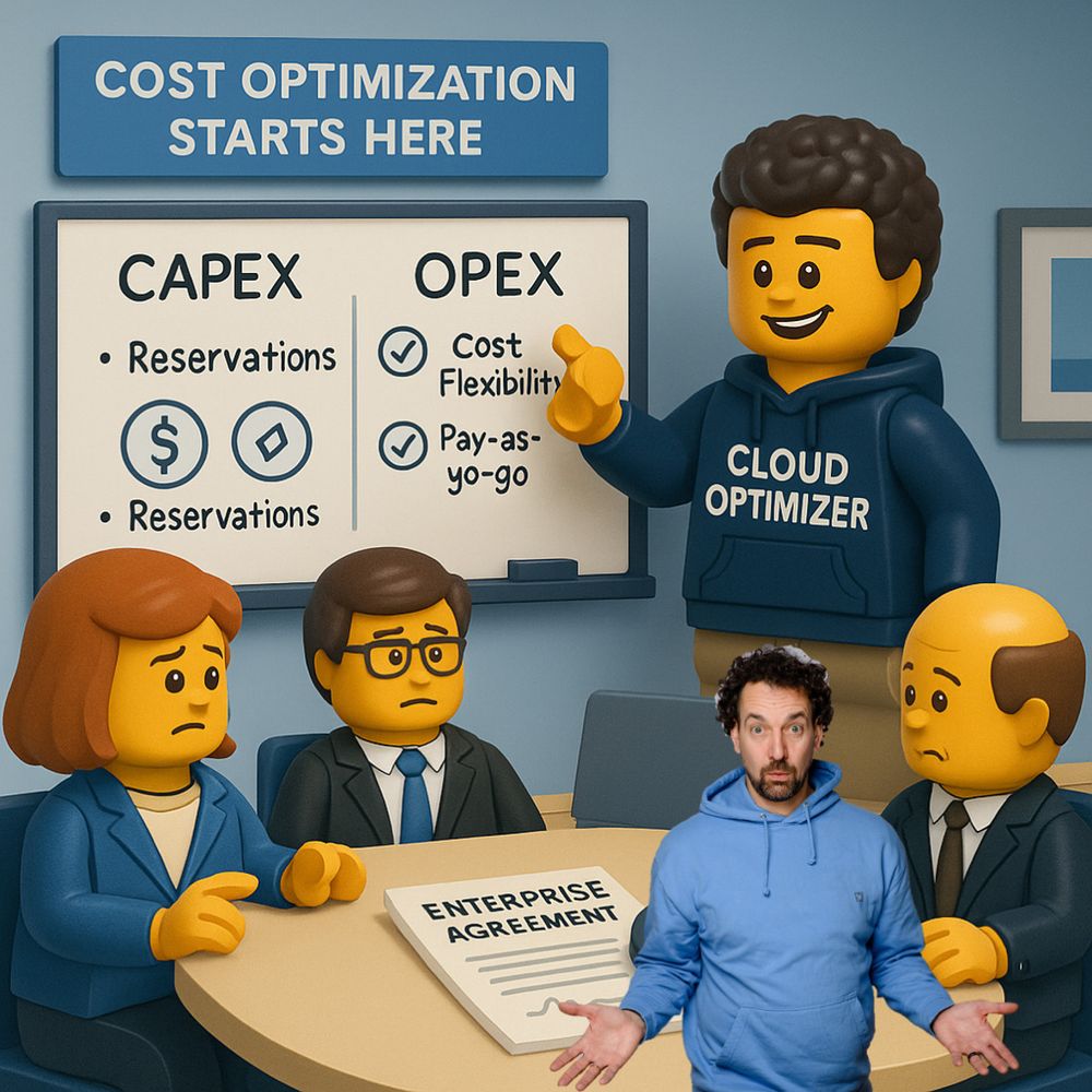 A LEGO scene shows a presentation on cost optimization. A LEGO figure wearing a "CLOUD OPTIMIZER" hoodie explains the difference between CAPEX and OPEX on a whiteboard. Four other LEGO figures – a seemingly skeptical business team – are seated at a table with a document labeled "Enterprise Agreement." In the foreground, a real person in a blue hoodie stands with a questioning expression.