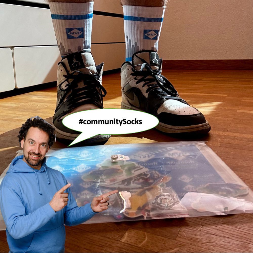 A person is wearing white MVP socks with a city skyline design and black Air Jordan sneakers. In the foreground, there’s a transparent pouch with MVP stickers. At the bottom left, Chris in a blue hoodie is smiling and pointing at the scene, with a speech bubble saying “#communitySocks”.