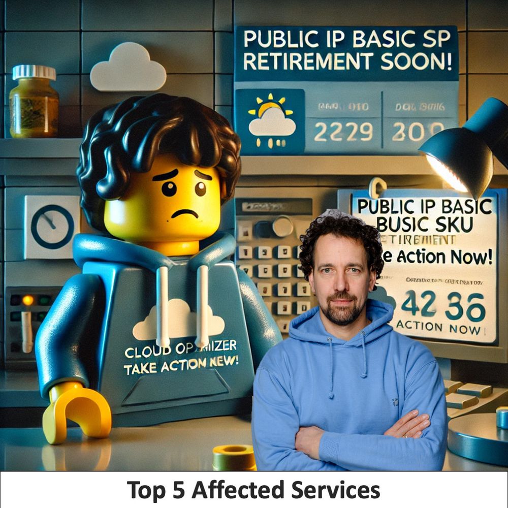 LEGO figure with curly hair and a blue "Cloud Optimizer" hoodie, looking sad in a control room with warnings about "Public IP Basic" retirement. Real person in a similar hoodie stands confidently beside the figure. Text below reads "Top 5 Affected Services.