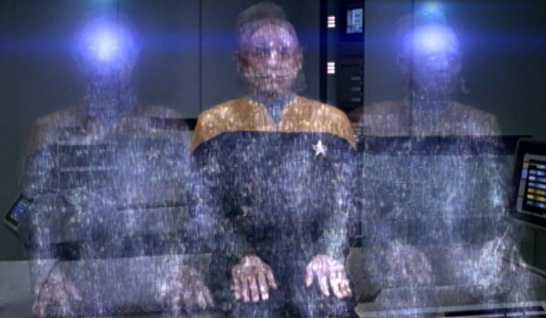 Transporter wizardry splitting Tuvix back into his, lesser, component parts, Tuvok and Neelix.