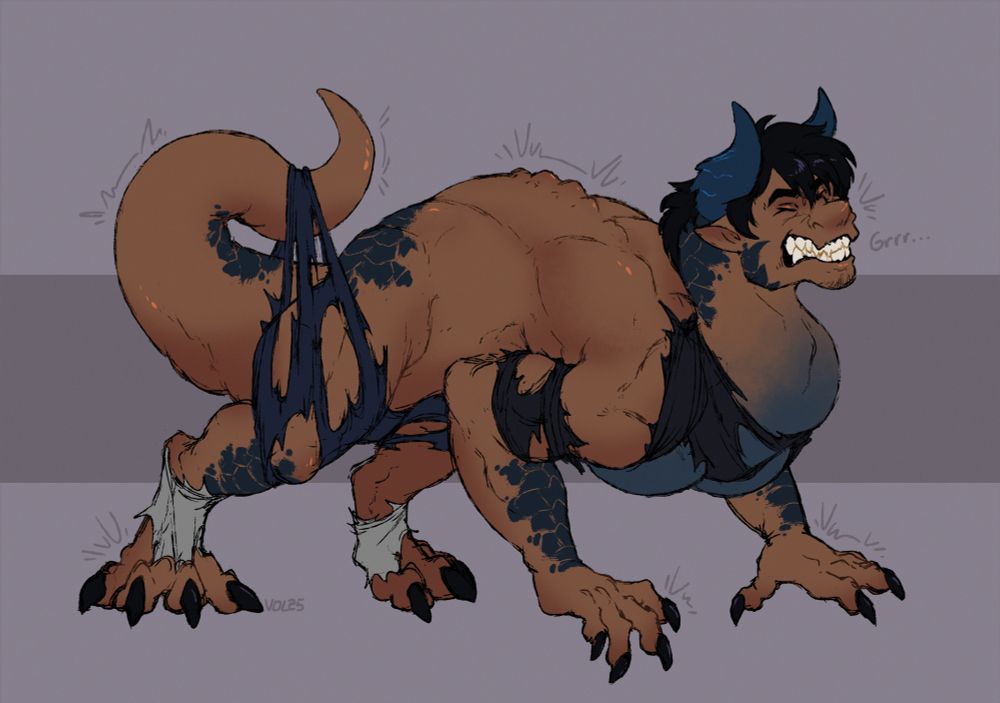 Ayrens (OC) transforming into his rare feral dragon form. Hes already on four with his spine and back muscle adjusting. His legs and hand are growing claws. The face has a snout pushing out in a painful expression with small horns on the side of his head. Most of his clothes are torn with a large tail fighting the rest of his pant.  
#transformation #tftuesday