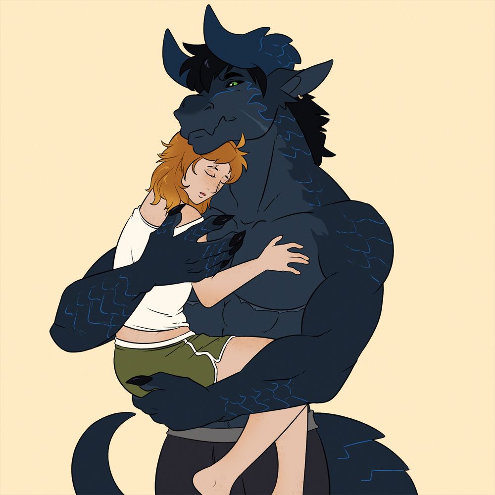 Ayrens (oc) in his half-dragon form holding his girlfriend Nellie (oc). She is very sleepy and hes taking care of her gently. 