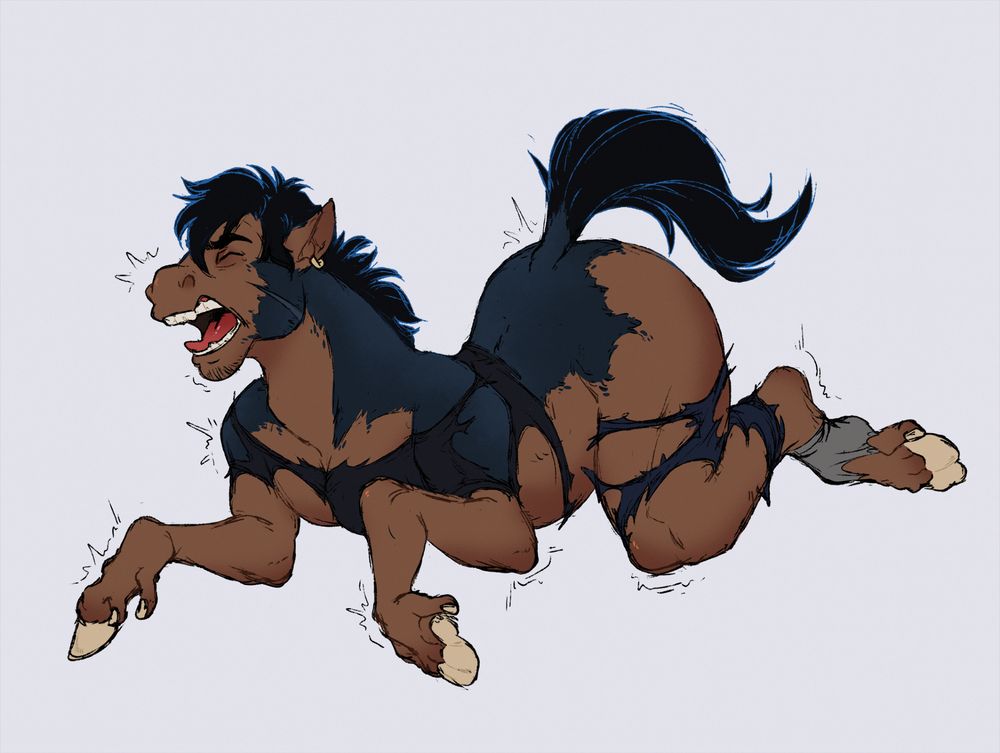 Sketch of a horse transformation almost completed, digits are still turning into hooves and fur is slowly covering the body. 
