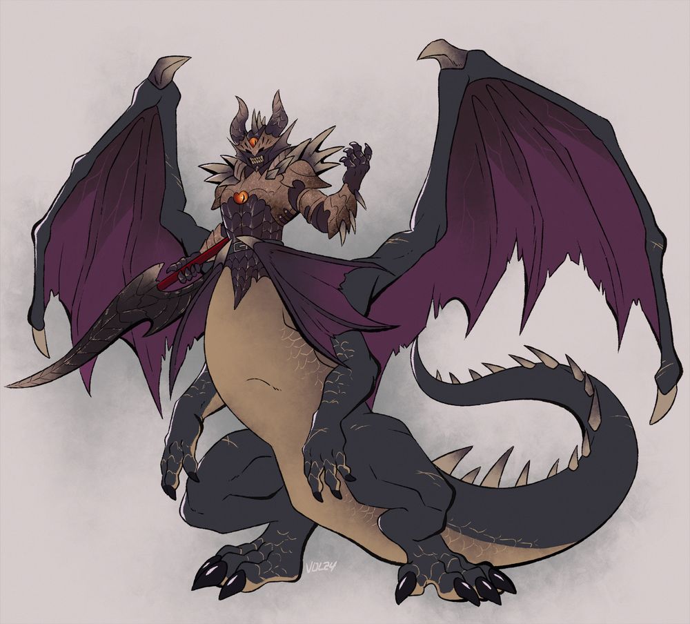Dragon taur with the upper body of an armored man. He has horns on his helmet and hold a glaive weapon in his right hand. The lower body is the dragon Fatalis from monster hunter. It has grey scale, a beige underbelly and 2 massive purple wings.