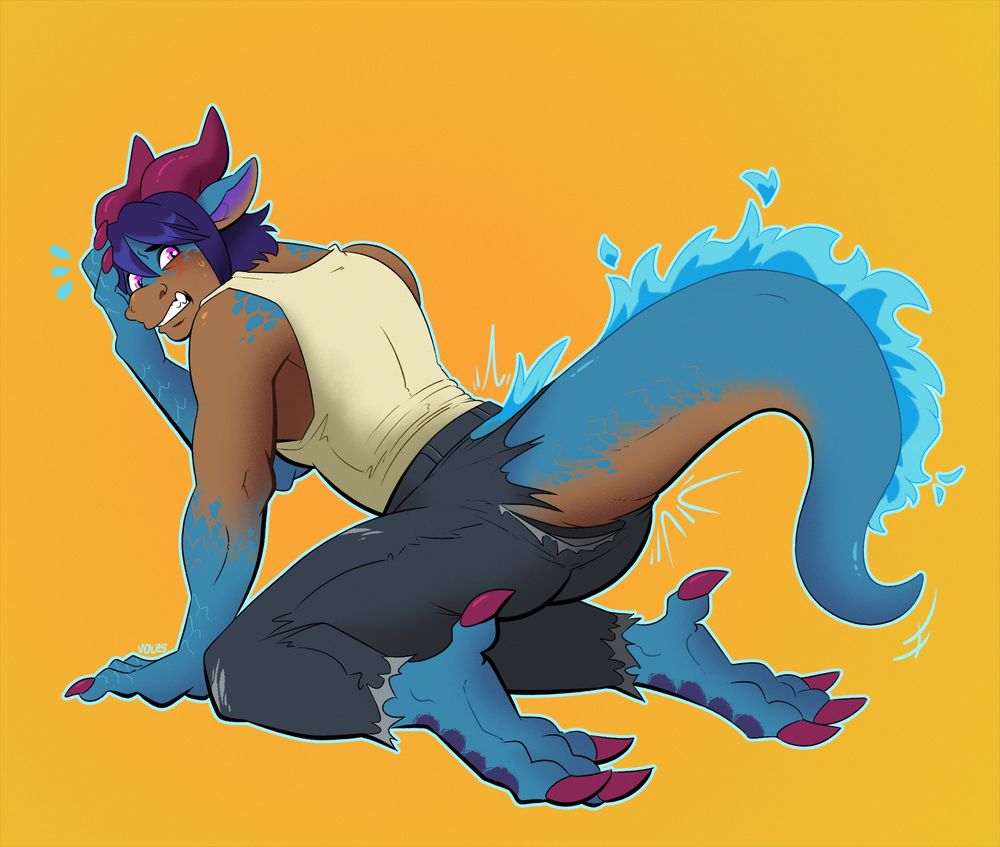 Transformation full body of a man turning into a blue anthro dragon with a long flaming tail bursting from his pant.
#tfeveryday