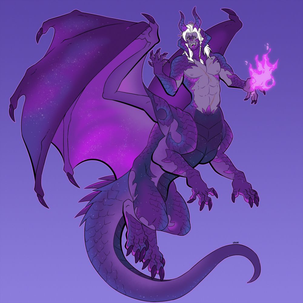 Fullbody commission of an Au ra from FF XIV. He is covered in purple scales with star pattern and different highlight of blue and pink like a starry sky/galaxy. He is confident with a powerful look and pose, purple flames in his left hand. The lower part is a massive dragon body also with purple scales and star patterns.  