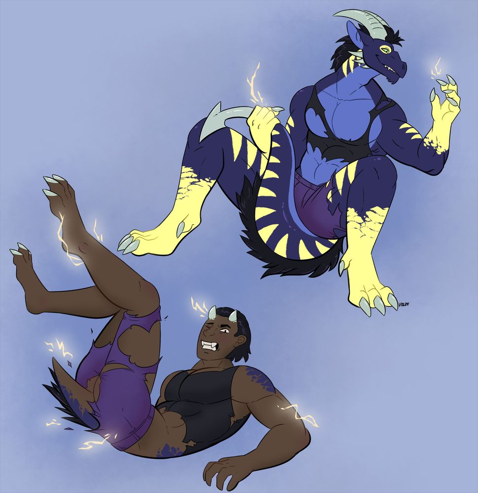 Man shifting into a blue/purple dragon with yellow forearms and legs. the tank top and short are being torn to pieces.