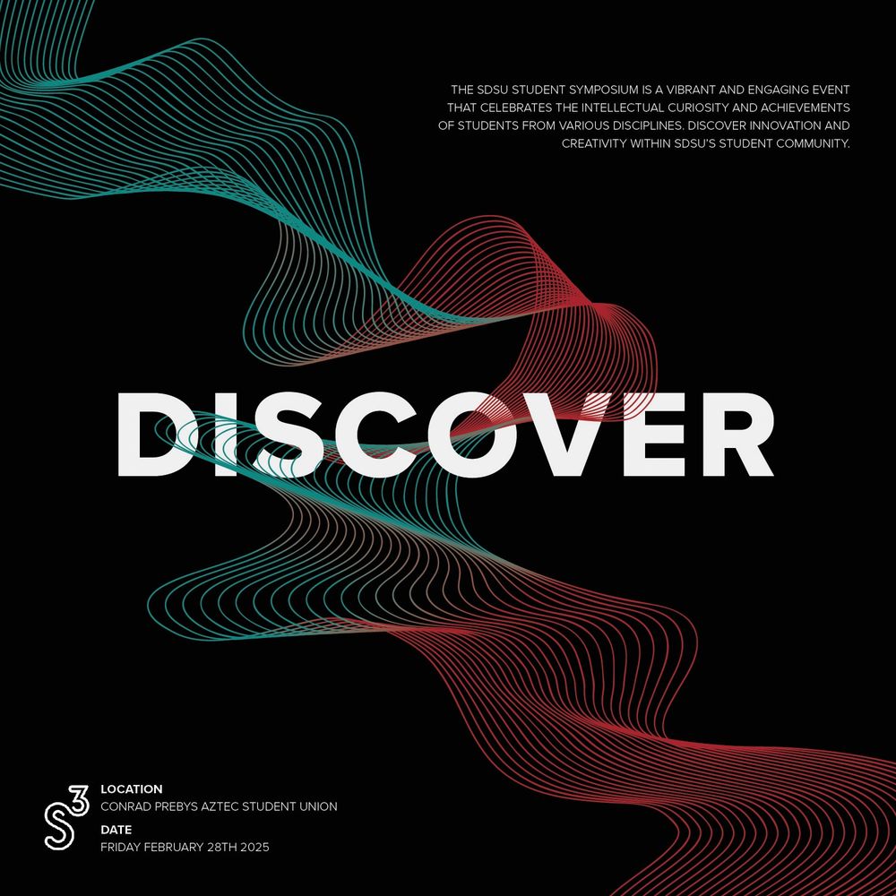 A red to teal gradient multi-stranded ribbon with Discover in bold white text interwoven with it on a black background. In the lower left-hand corner, there is a white logo for the SDSU Student Symposium, listing the location as the Conrad Prebys Aztec Student Union.