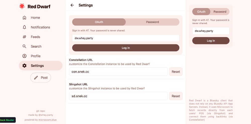screenshot of red dwarf's settings page with oauth login and two fields for setting the constellation and spacedust urls