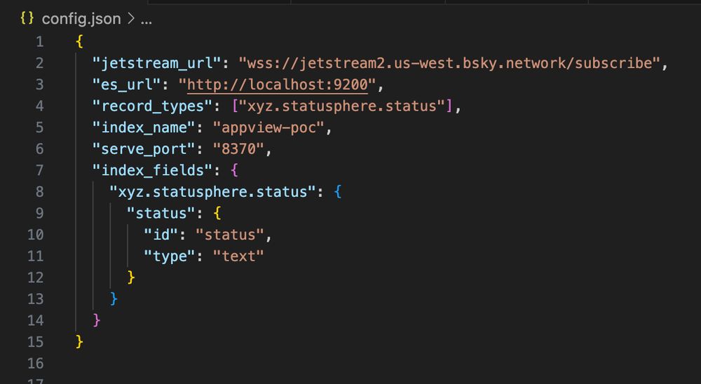 config.json containing enough info to index statusphere statuses from jetstream to an elastic search instance
