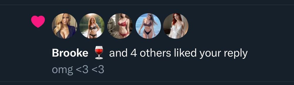 notification screenshot of 5 machine generated images of big boobied women liking one reply tweet