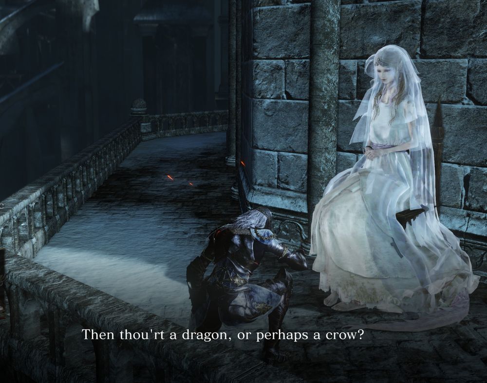 my dark souls 3 character kneeling before Company Captain Yorshka of the Darkmoon Blades who is asking if I was a dragon, or perhaps a crow?