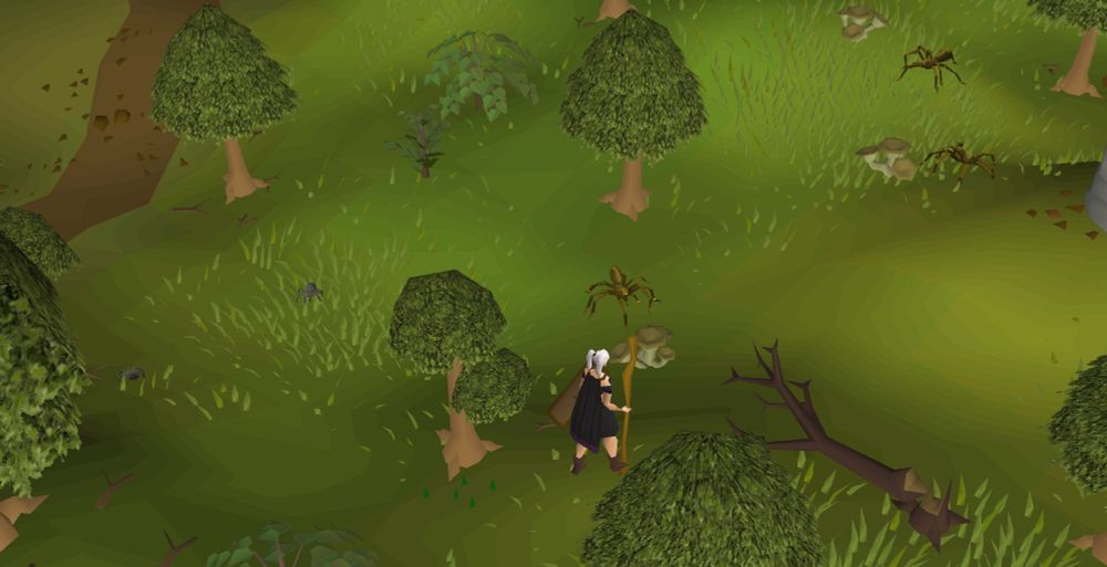 screenshot of runescape. A girl character with pigtails holds a staff navigating a forest filled with various sized large spiders