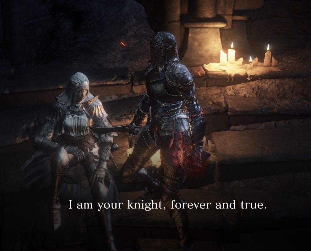 My Dark Souls 3 character standing next to Sirris of the Sunless realms who is pledging "I am your knight, forever and true."