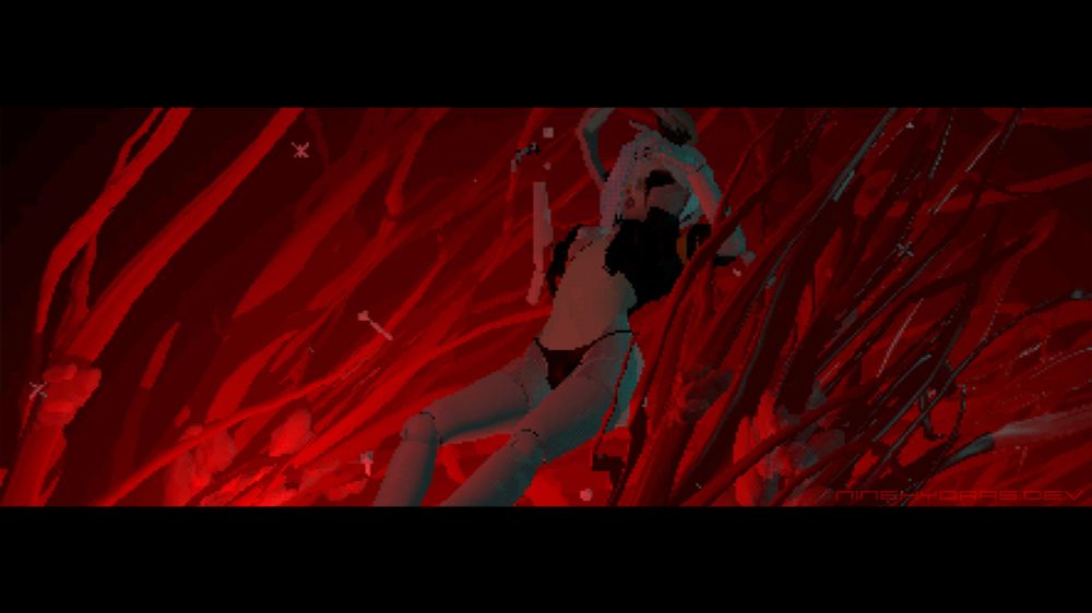 a lone android doll girl with white hair drifts in a red_sea of tendrils and data