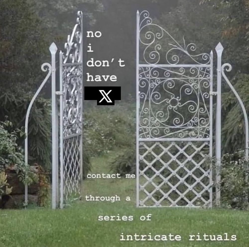 a strange white gate in the mist half parted. The following text reads in a series of disjointed lines as if passing through the gate: "no i don't have "X", contact me through a series of intricate rituals"