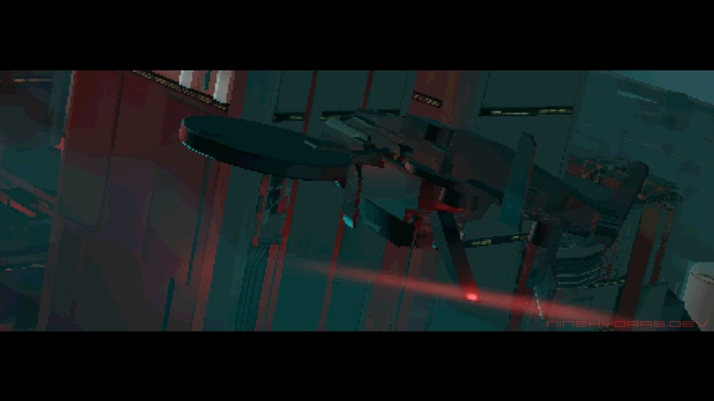 a black VTOL craft with a red flare on its tail cruises over an expansive brutalist mega city with squared buildings towering off frame