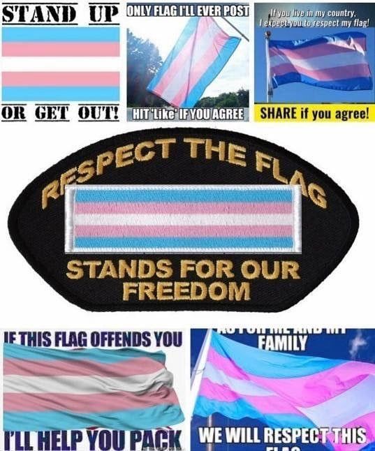 various iterations of the "Stand up, or GET OUT!" American flag type meme images except all swapped with the trans flag. "If this flag offends you, I'll help you pack!", etc. Happy pride <3