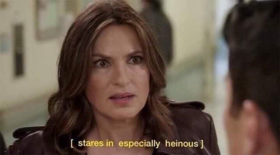 Mariska Hargitay from Law & Order SVU looking gobsmacked. The caption reads "stares in especially heinous."