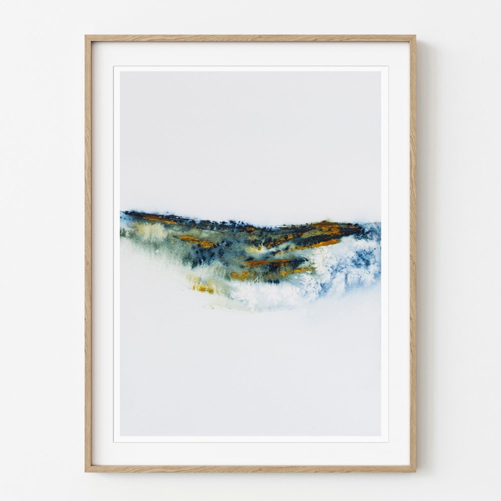 Abstract watercolour painting in watercolour, shown framed in a light oak frame.