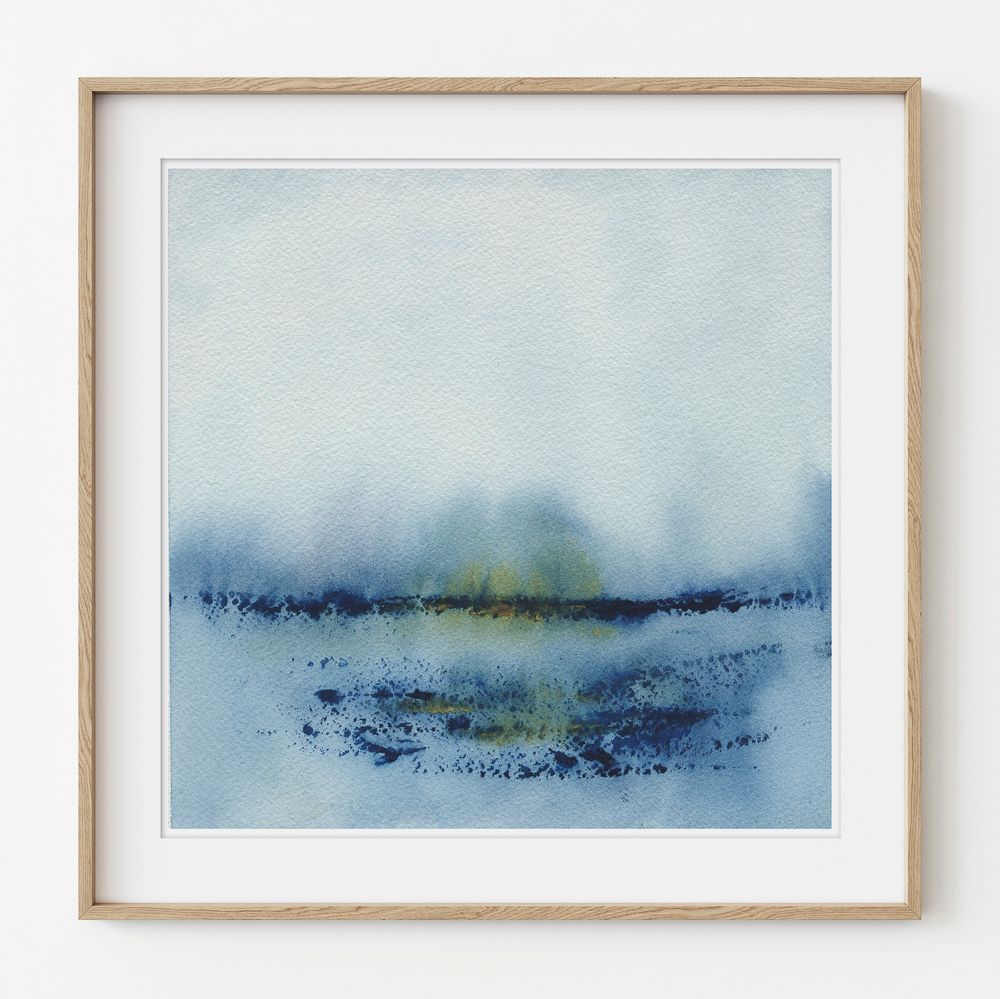 An abstract landscape painting entitled 'Nordic Winter'. Watercolour on cotton paper, shown here framed in a light oak frame.