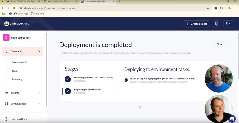 Image of the cloud deployment interface, highlighting a completed deployment.