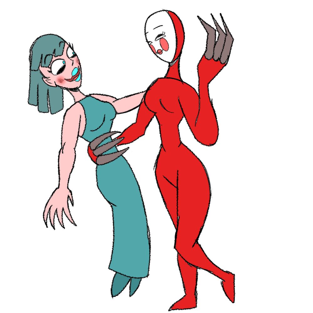 Kabuki twin from show “the Batman” is dancing with a woman in a dress, both enjoying dancing 