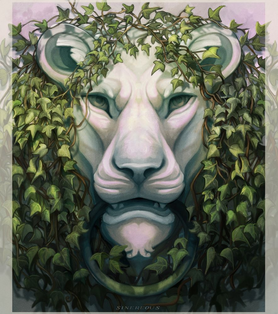 A digital painting of a stone or marble lion head on a wall , in the style of a garden decoration. It has a metal ring hanging from its mouth, and a “mane” of ivy. The whole piece is shaded in subtle pinks and blues as a tribute to transition.