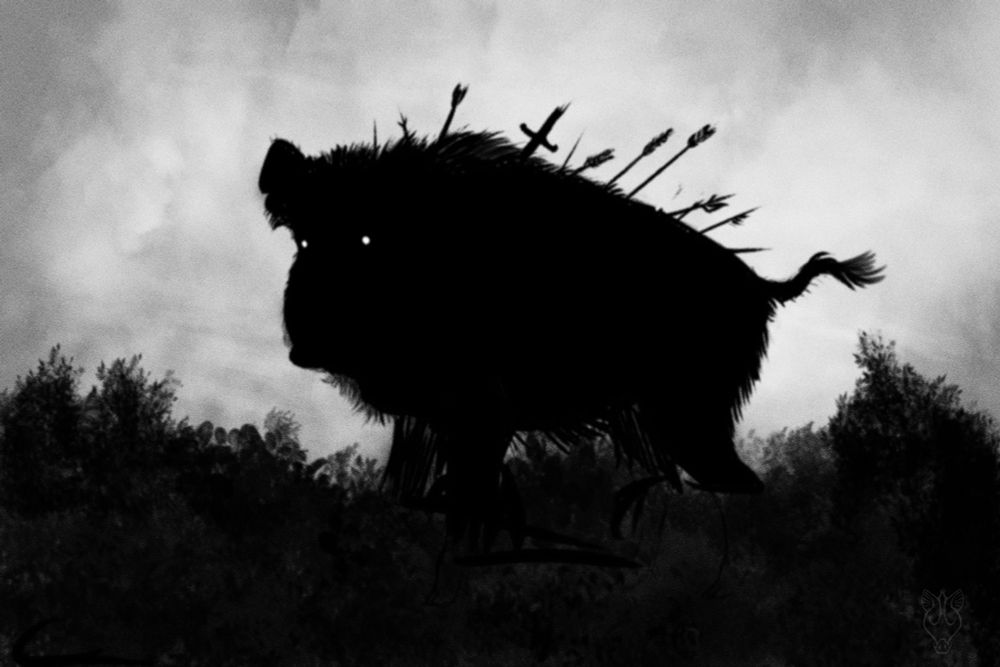 A black and white silhouette drawing of a huge wild boar covered in broken off arrows and spears, looking back at the viewer with glowing eyes.