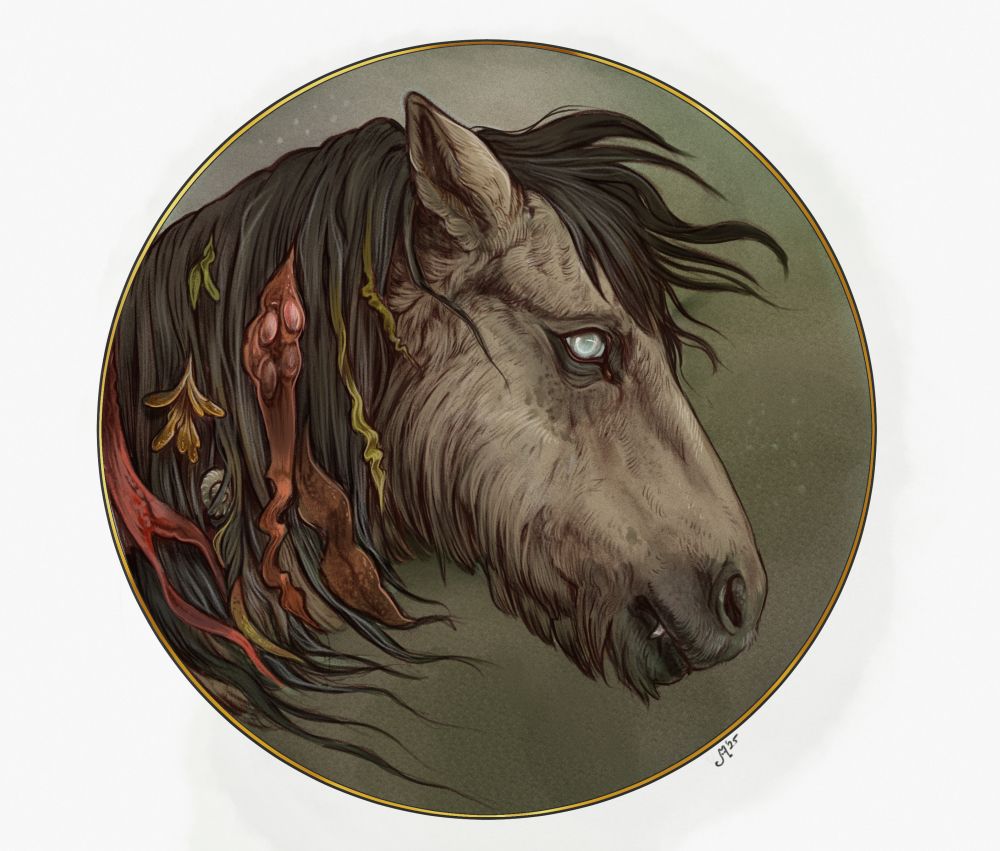 A portrait of a light brown and grey shaggy pony with empty eyes and a fang, with seaweed in its mane, and some of the mane might BE seaweed. 